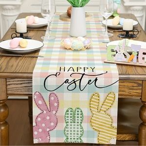 Buffalo Plaid Colorful Bunny Pattern Table Runner Happy Easter spring decor